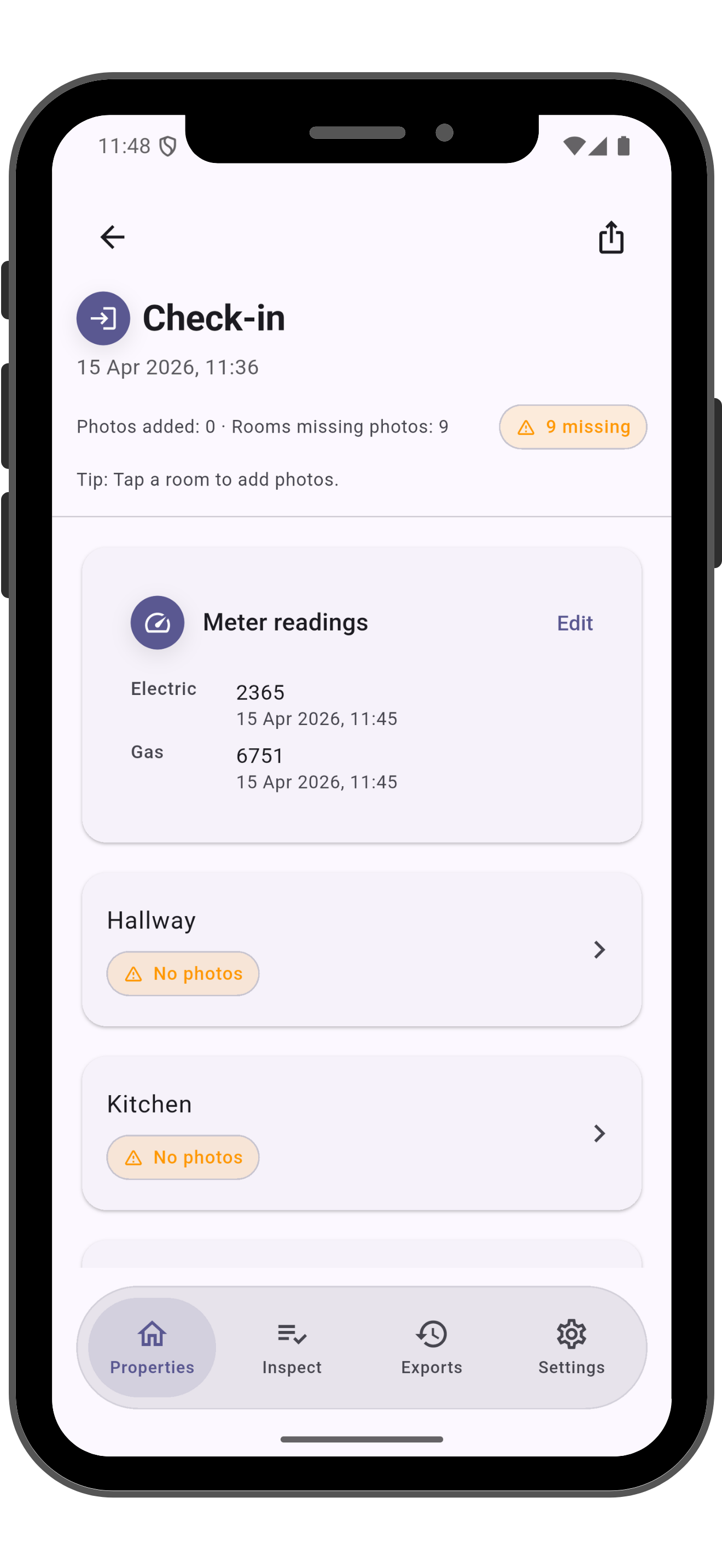 TenancyKit check-in screen