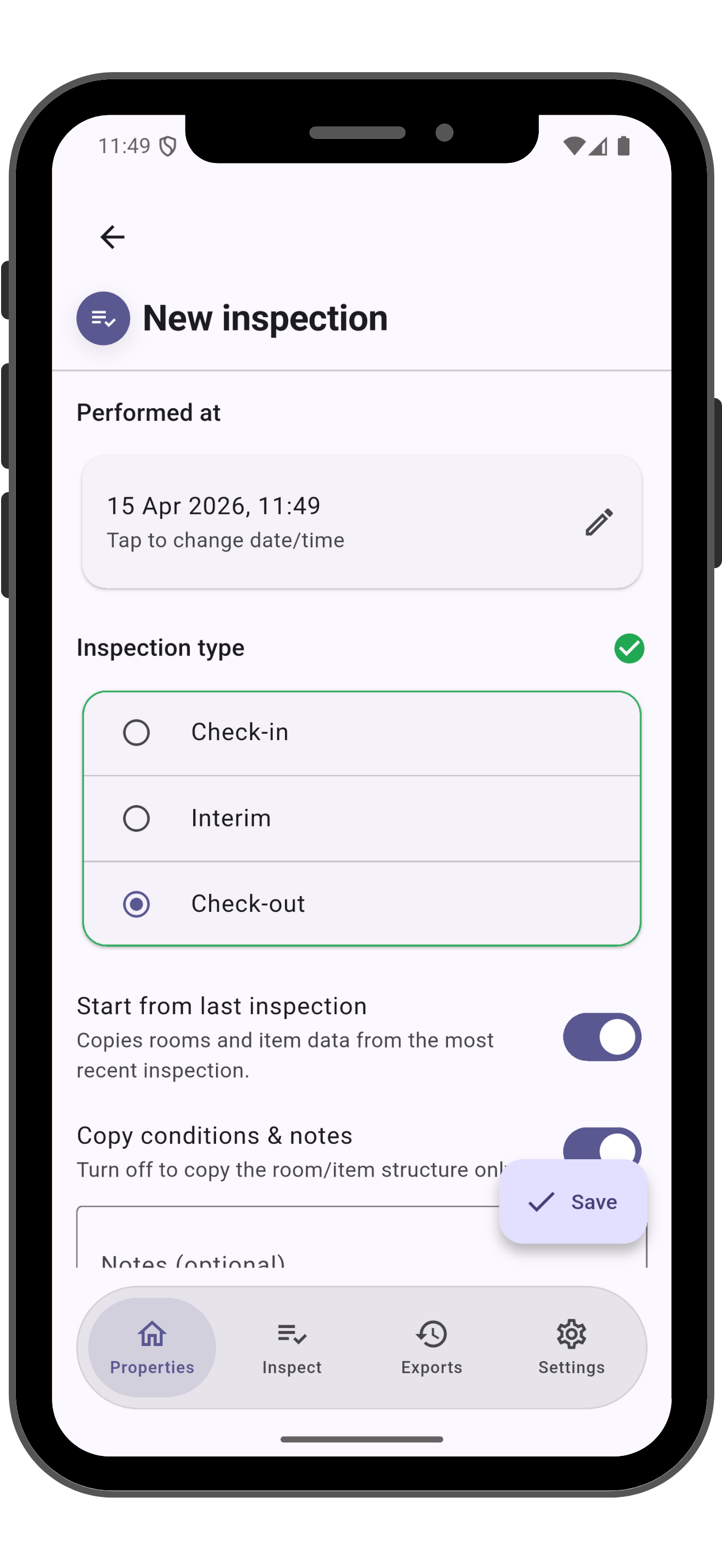 TenancyKit new inspection screen